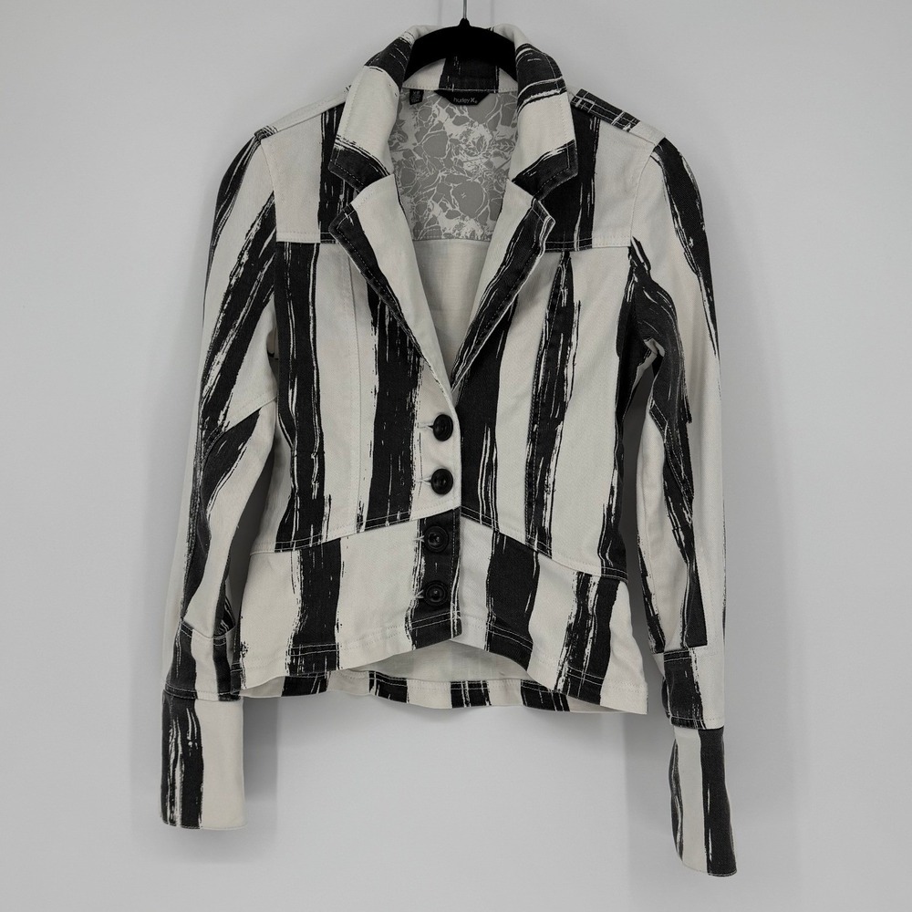 Hurley Womens Denim Blazer Jacket Black White Brushstroke Stripe GDJBFFX XS